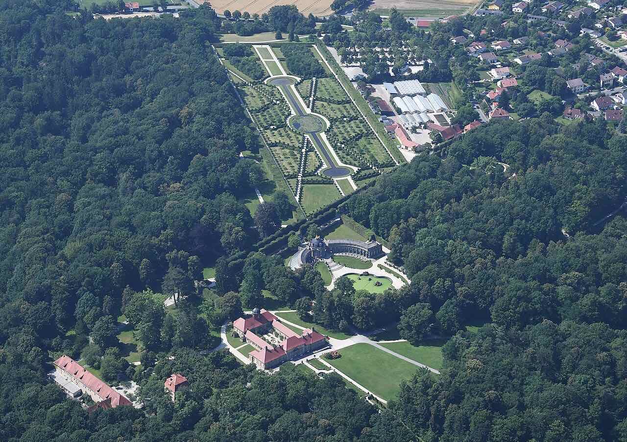 Aerial view of the Eremitage park with its formal garden, Old Palace and surrounding forest