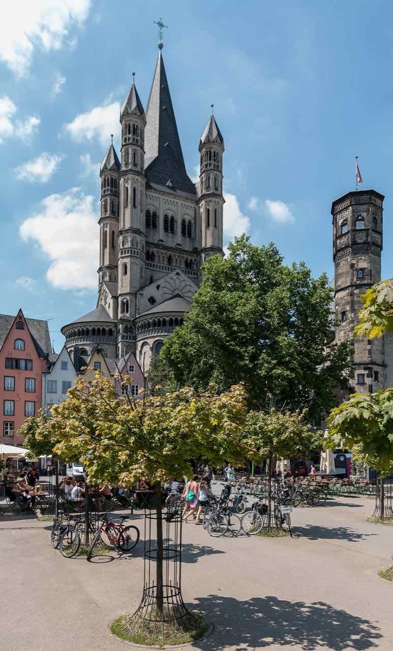 The tall tower of the Romanesque church Groß St. Martin in Cologne's old town