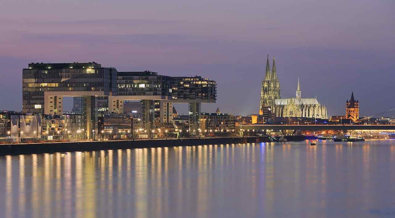The three Kranhäuser, tilted office buildings shaped like harbour cranes, at the Rheinauhafen in Cologne