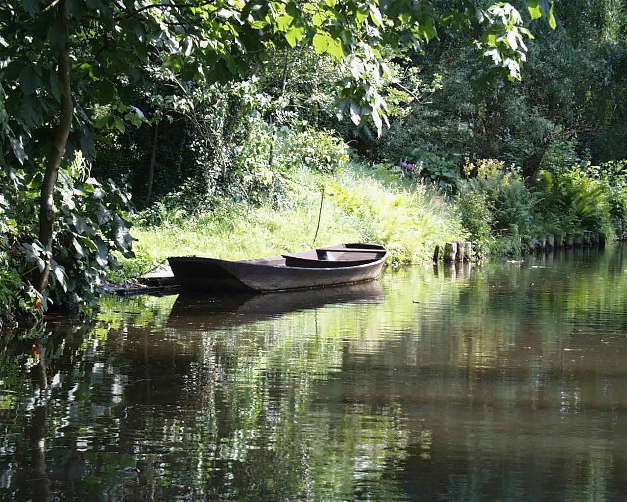 A flat-bottomed wooden boat tied up at the green bank of a quiet canal in the Spreewald