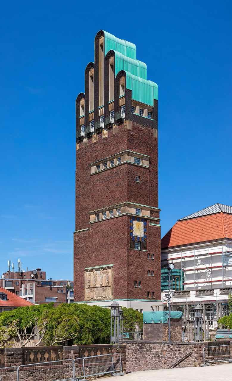 The Hochzeitsturm on the Mathildenhöhe in Darmstadt, a tall tower with a distinctive roof, photographed from below