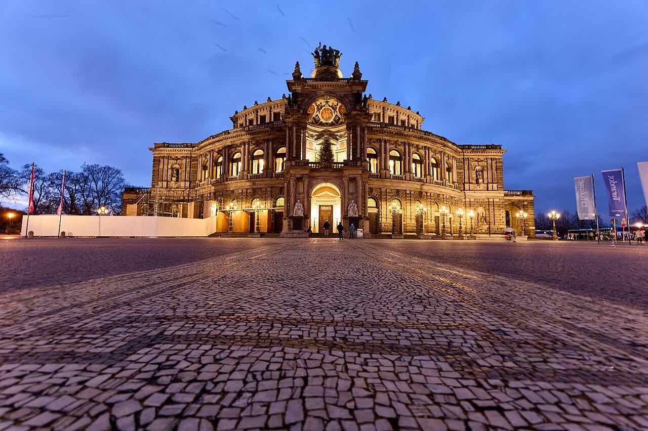 The Semperoper opera house in Dresden with its round front and arched windows