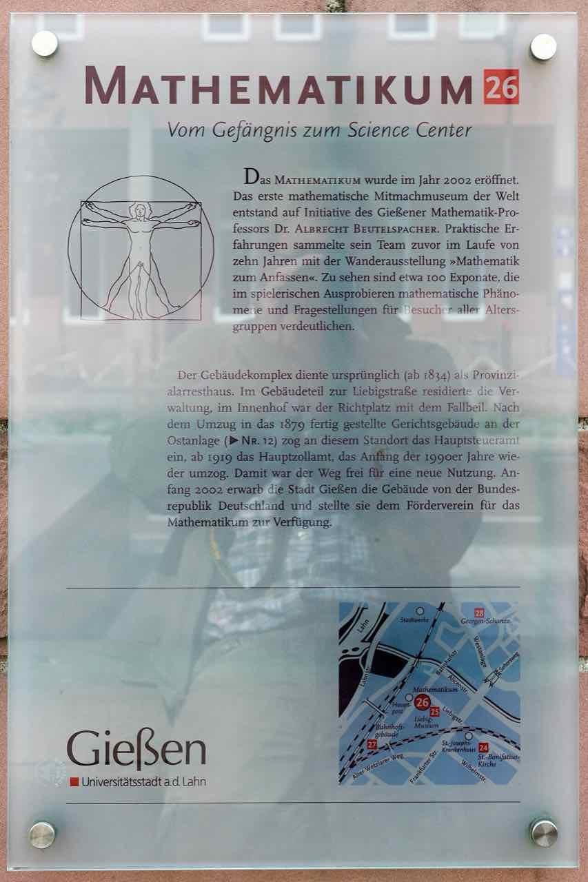 The information plaque outside the Mathematikum on Liebigstraße, headed 'Vom Gefängnis zum Science Center' (from prison to science centre)