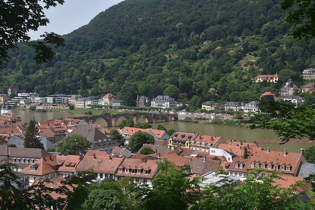 Red tiled roofs of the old town, the Neckar and the Old Bridge seen from the wooded slope on the north bank