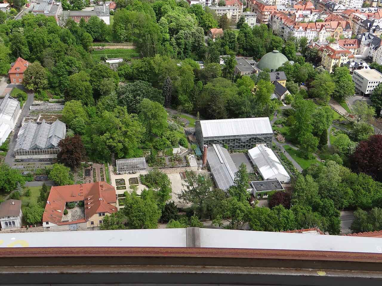 The botanical garden of Jena seen from above, with glasshouses between tall trees and a red-roofed house in the lower left corner