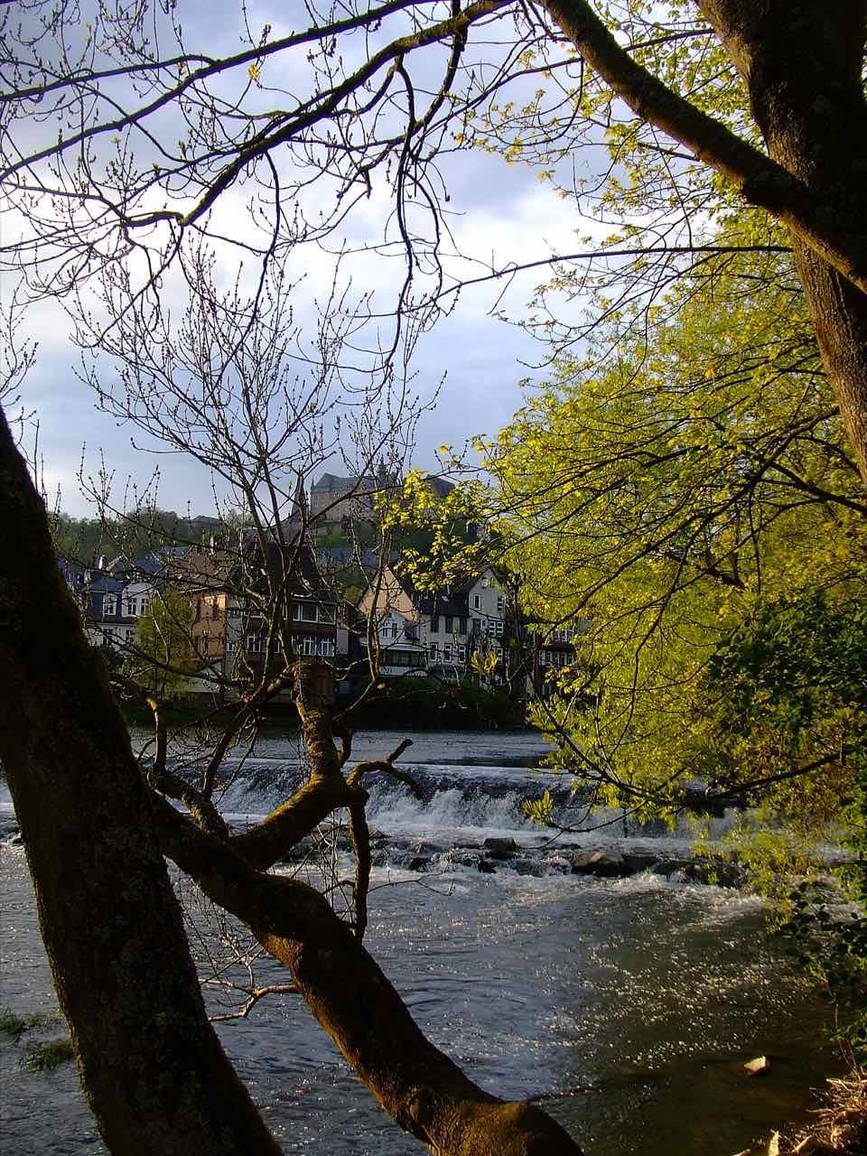 The Lahn running over a weir between trees in spring, with houses on the far bank