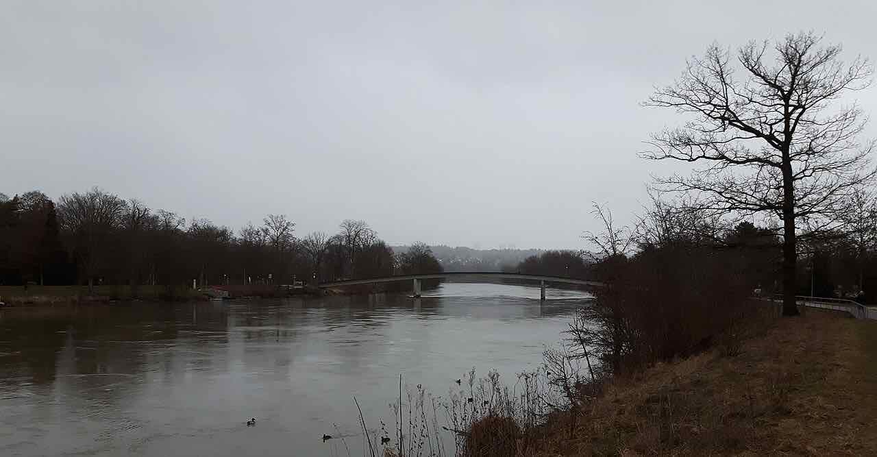 The Danube at Neu-Ulm-Offenhausen on a grey winter day, with bare trees along the bank and a footbridge in the distance