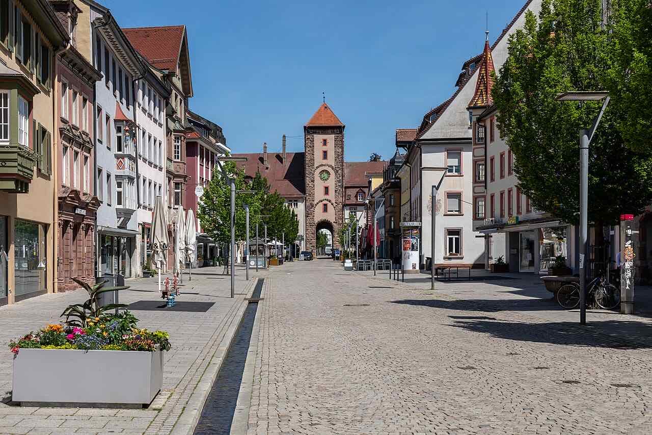 Obere Straße in the old town of Villingen, a pedestrian street of town houses leading to the Obere Tor gate tower