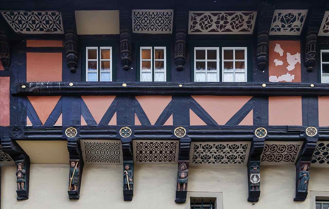 The half-timbered town hall on Wernigerode's market square with its two pointed towers