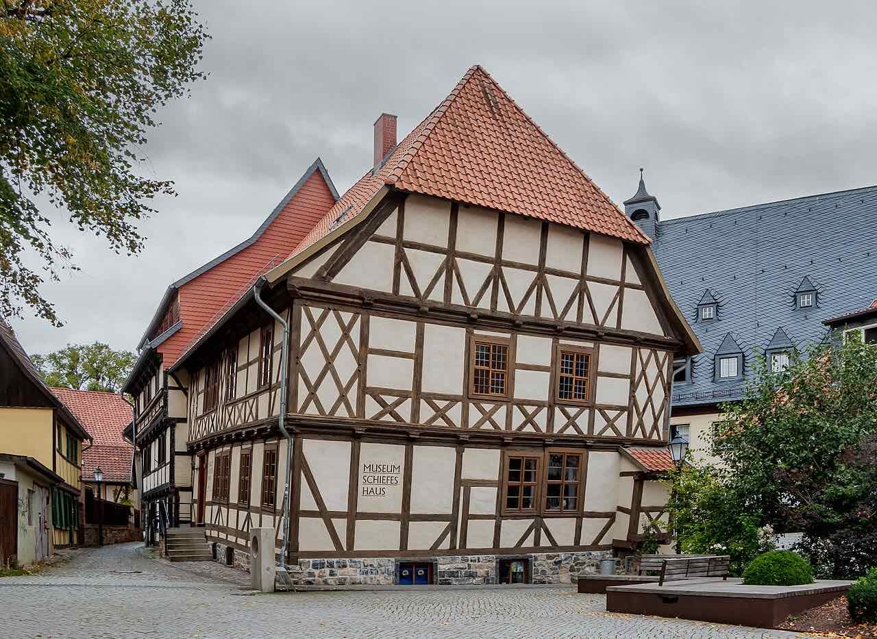 The leaning half-timbered Schiefes Haus on Klintgasse, a former mill that is now a museum
