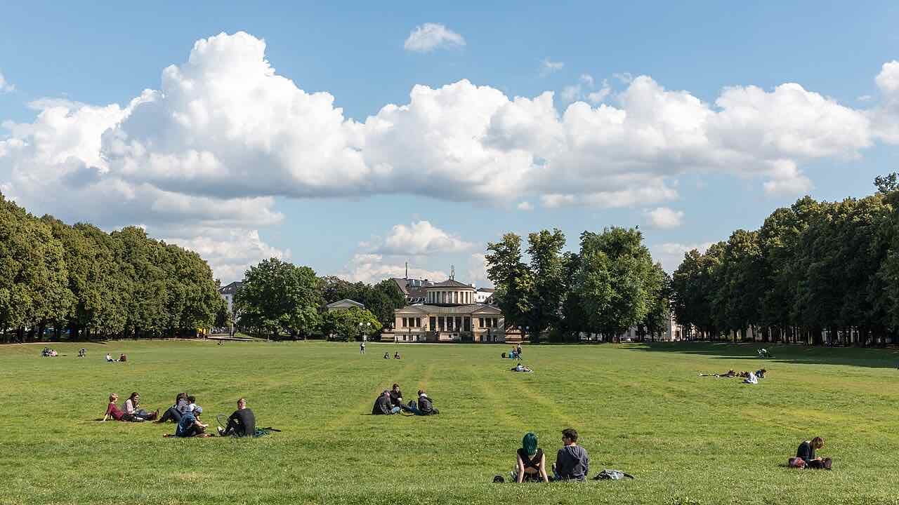 A wide lawn in the Hofgarten with small groups of people sitting on the grass, tall trees along both sides and a columned building at the far end