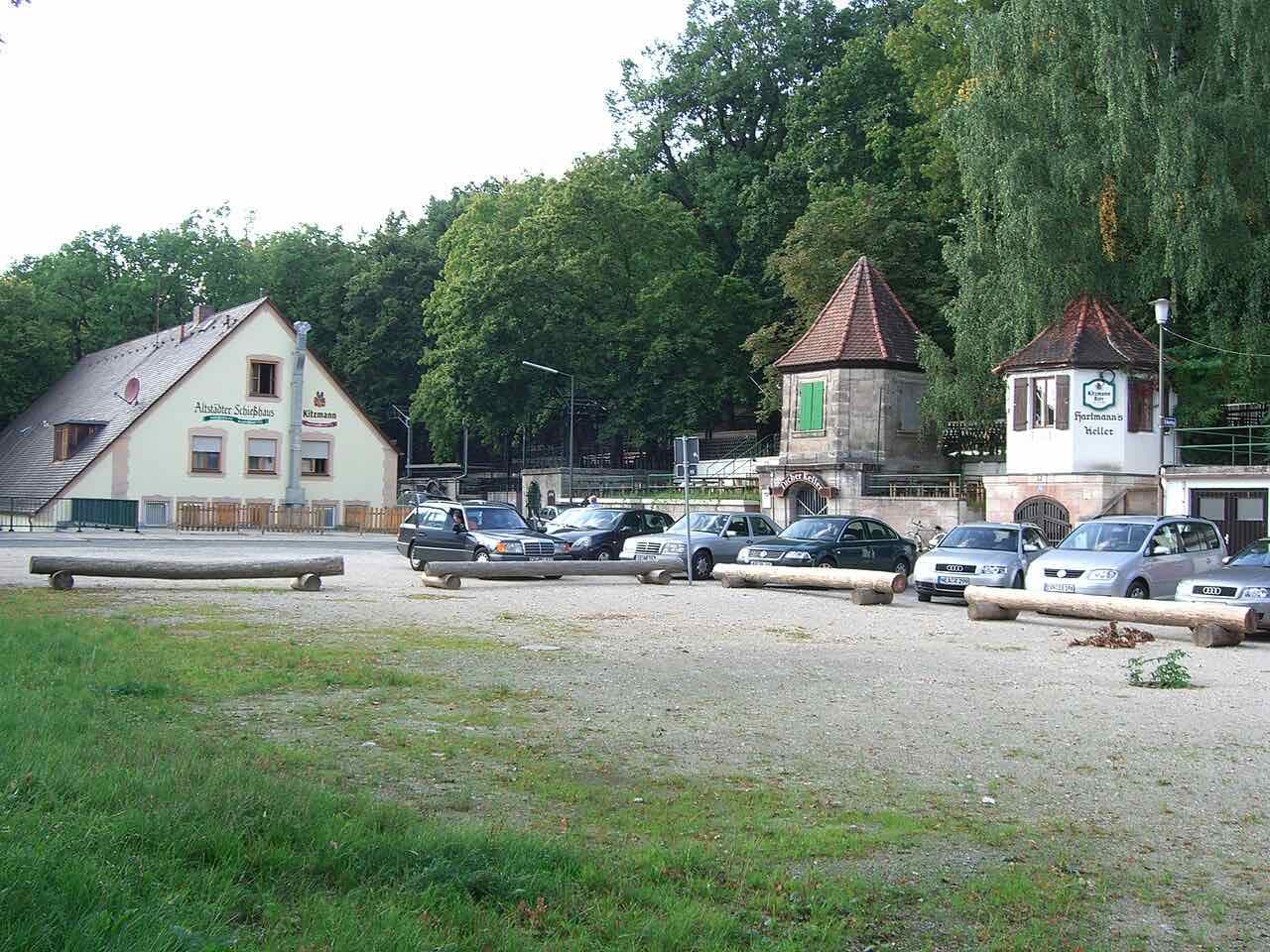 The Altstädter Schießhaus and the small towers of Hartmann's Keller at the foot of the wooded Burgberg, outside festival time