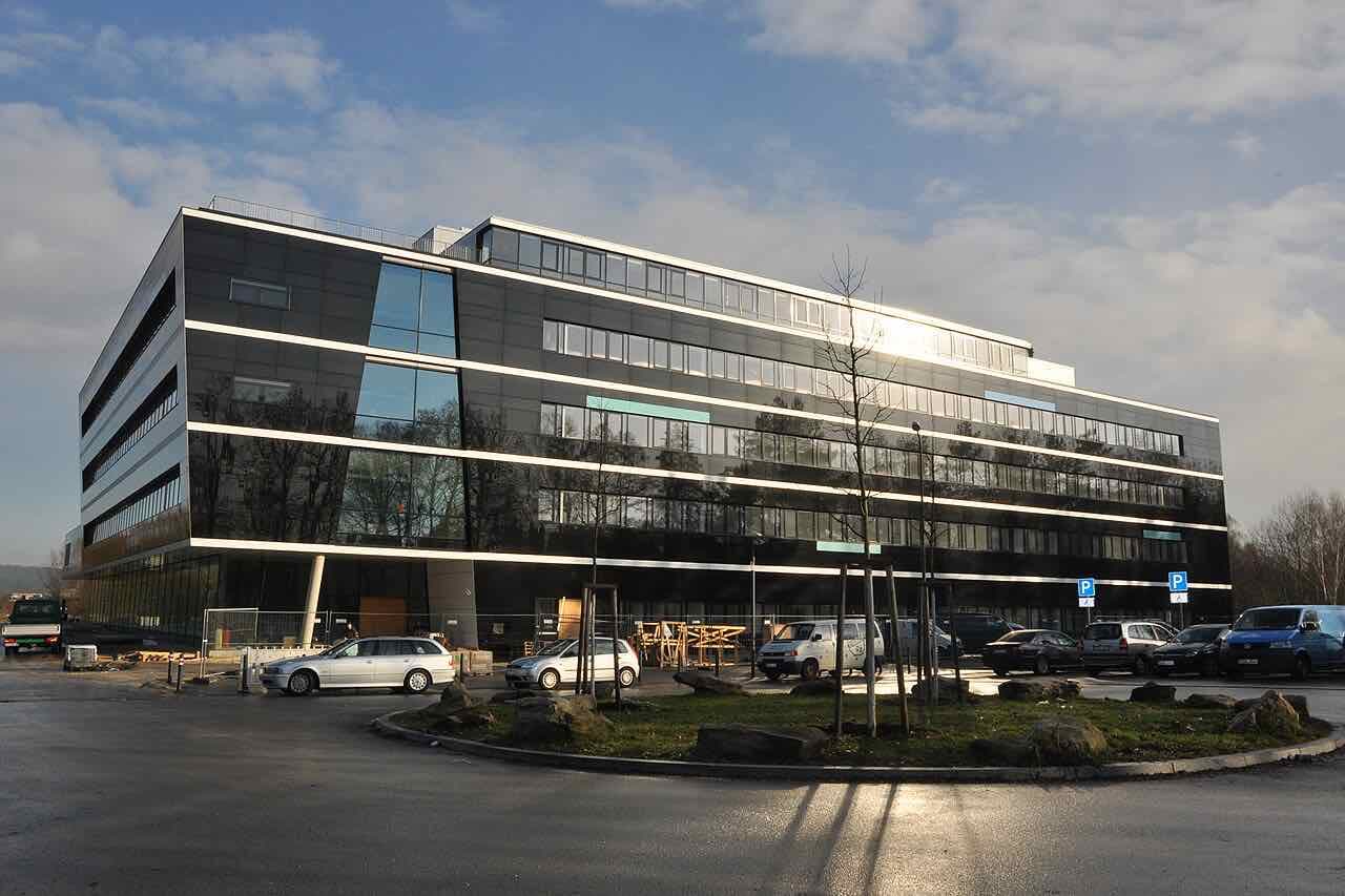 The dark glass and steel building of the Max Planck Institute for the Science of Light in Erlangen, photographed in February 2016