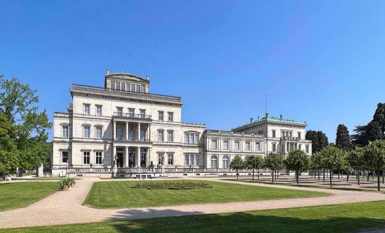 Villa Hügel, the Krupp family house above the Ruhr in Essen, seen from its gardens on a clear day