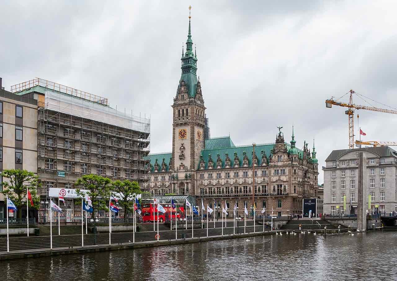 The town hall of Hamburg with its tower seen from the Rathausmarkt