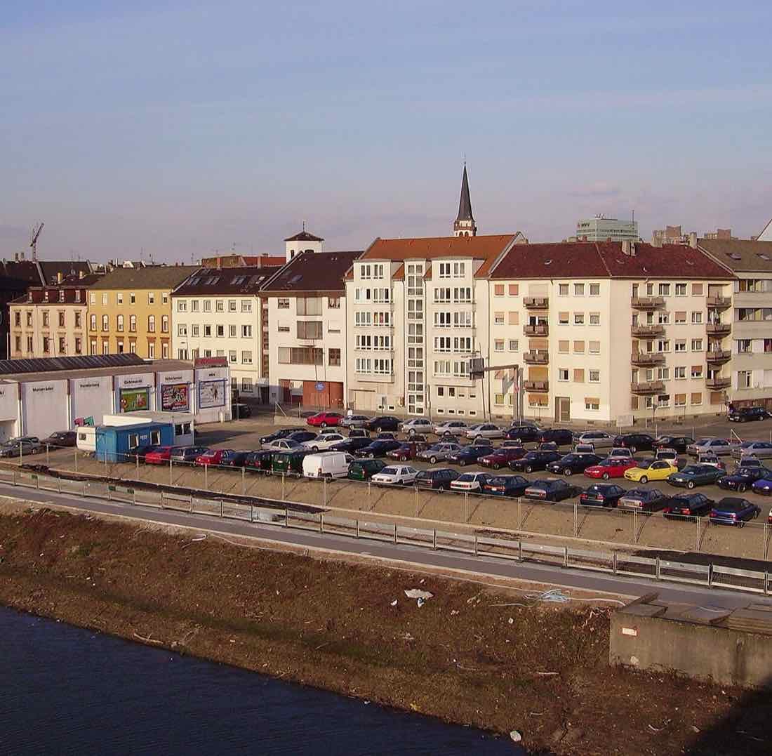 Street in the Jungbusch district of Mannheim with old brick buildings