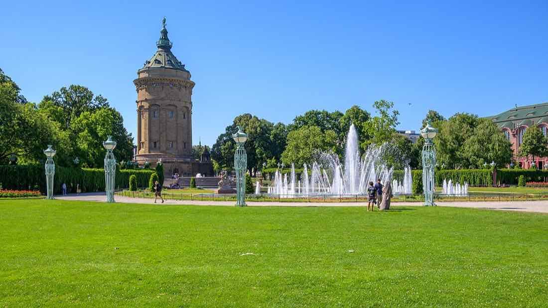 The Wasserturm water tower and its fountain on Friedrichsplatz in Mannheim