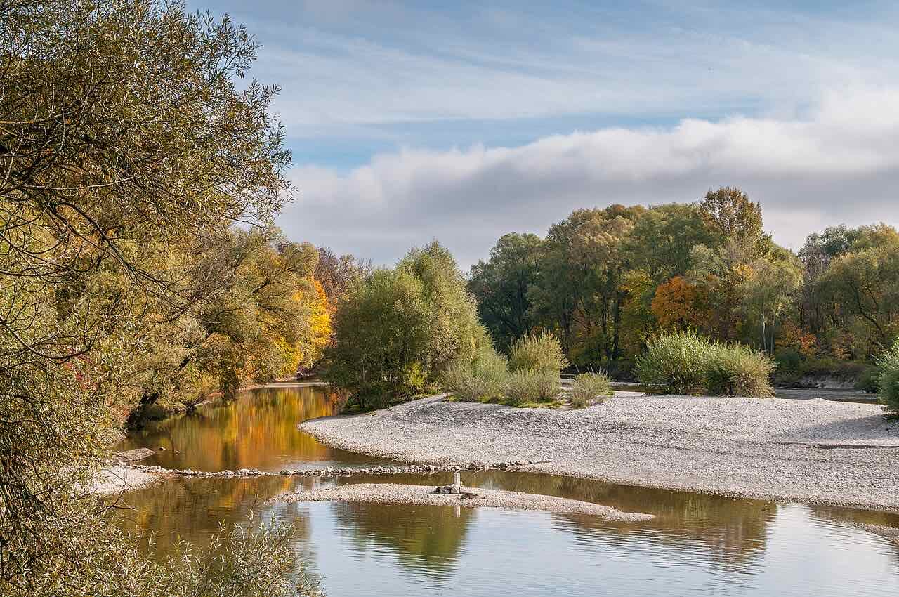 The gravel banks of the Isar river at the Flaucher in Munich in autumn