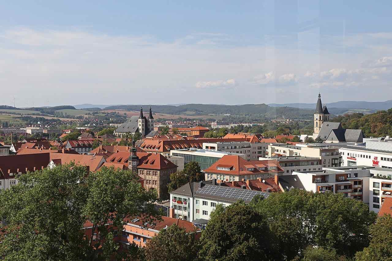 View from the Petri tower over the centre of Nordhausen, with the cathedral, the town hall and the roofs of the old town