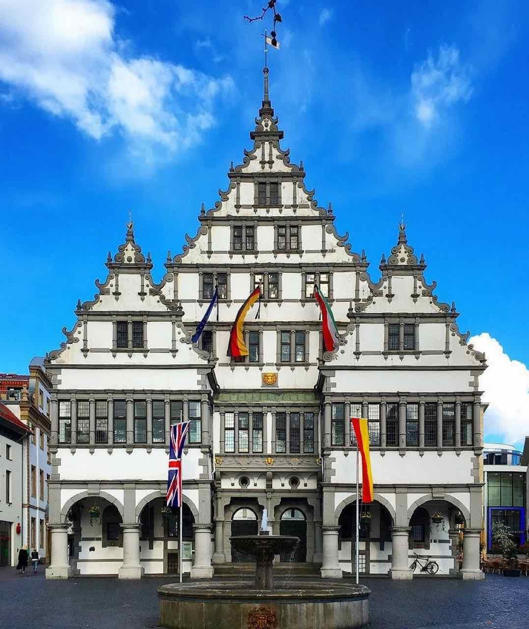 The Paderborn town hall, a Weser Renaissance building, in spring sunshine