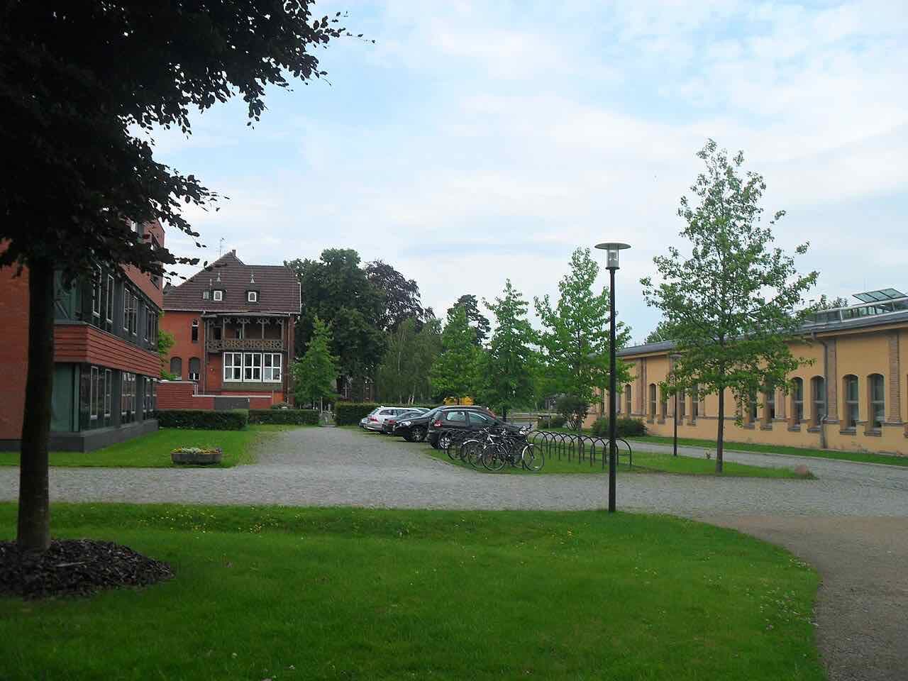 Lawns, young trees and bicycle racks between a red-brick building, an old villa and a long yellow building on the Griebnitzsee campus