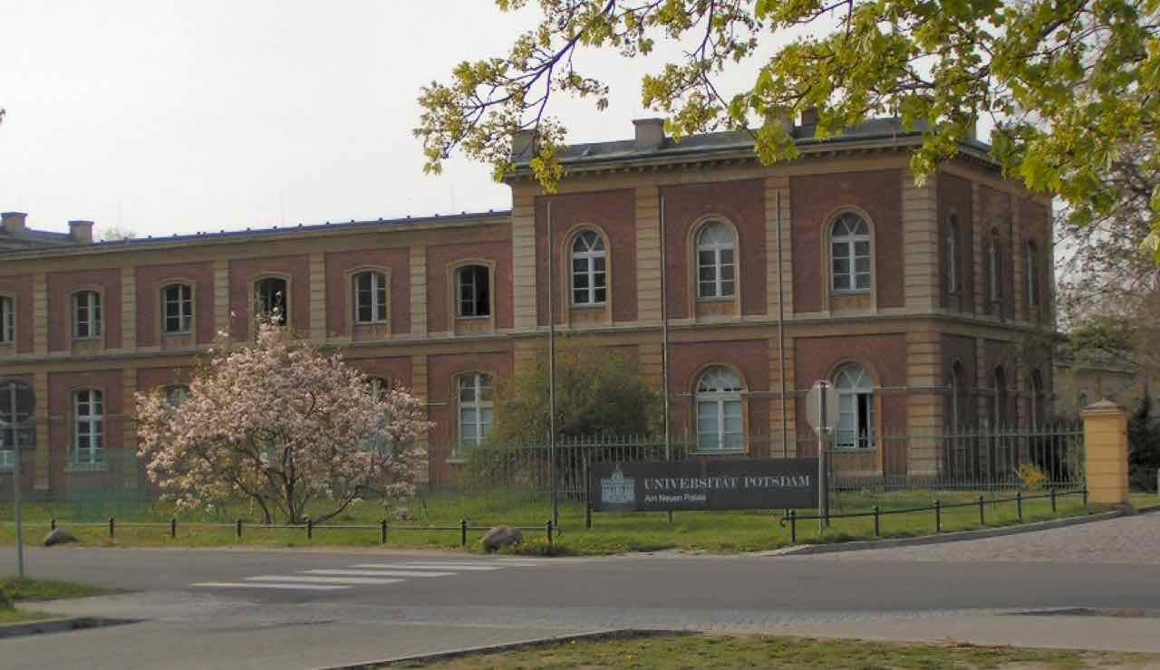 A two-storey red-brick building with arched windows and a Universität Potsdam sign on the Am Neuen Palais campus, with a magnolia in bloom in front