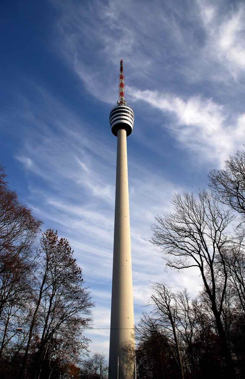 The Stuttgart television tower rising from the wooded hill south of the city