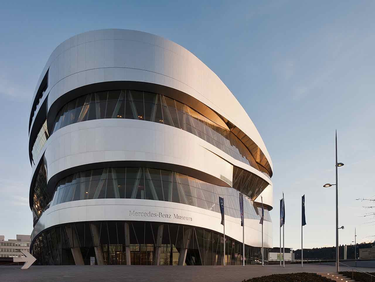 The Mercedes-Benz Museum in Stuttgart shortly before sunset