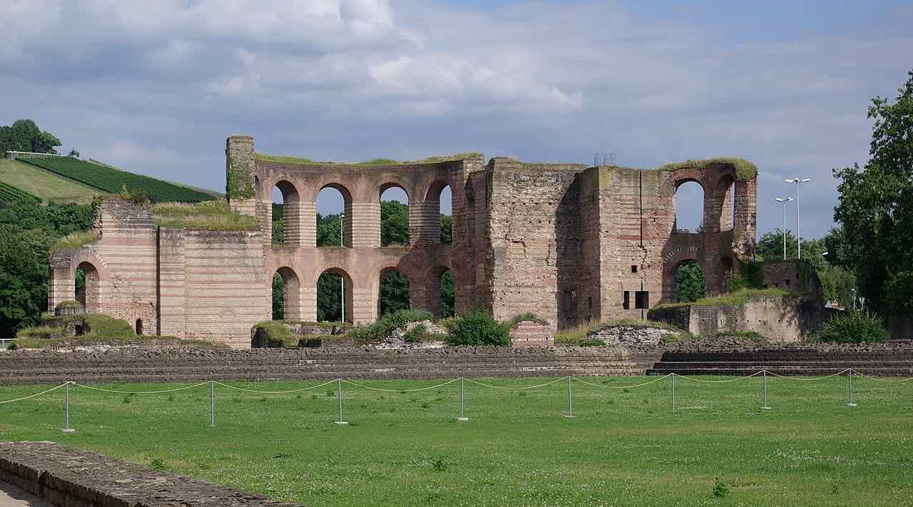The tall red-brick ruin of the Kaiserthermen, the Roman imperial baths in Trier