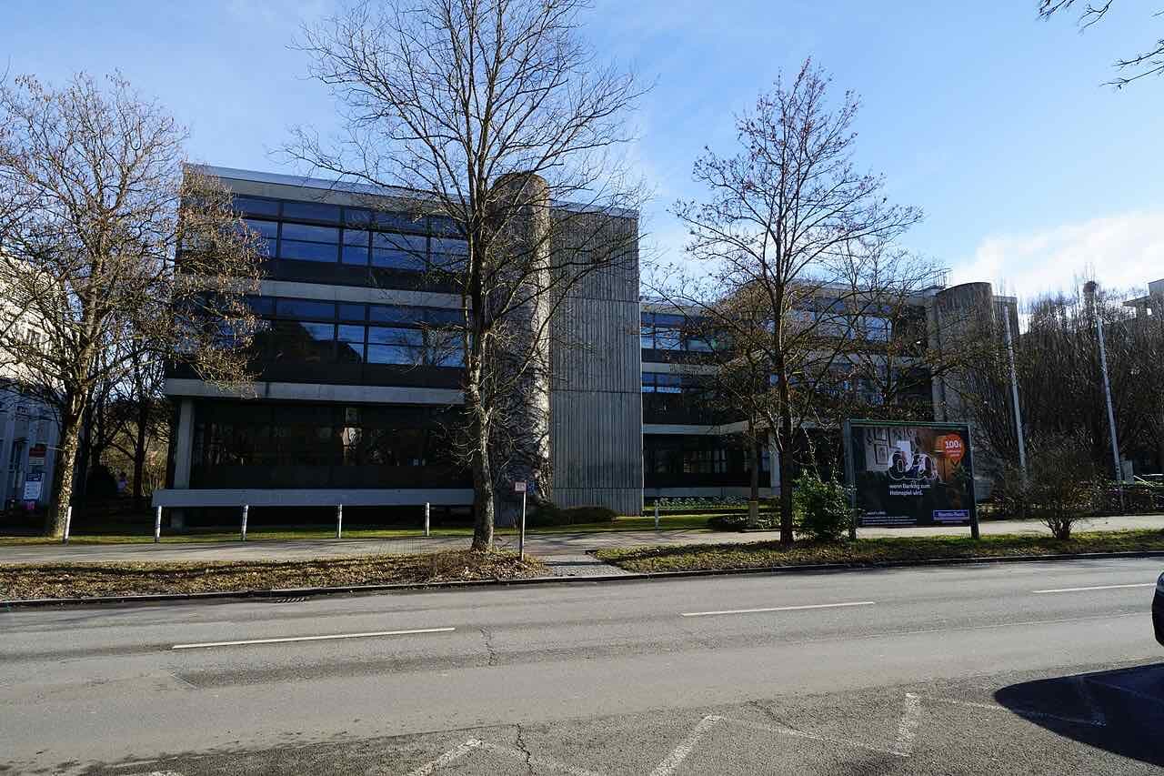 The Brechtbau, a concrete and glass university building for the humanities on Wilhelmstraße, seen across the road in winter