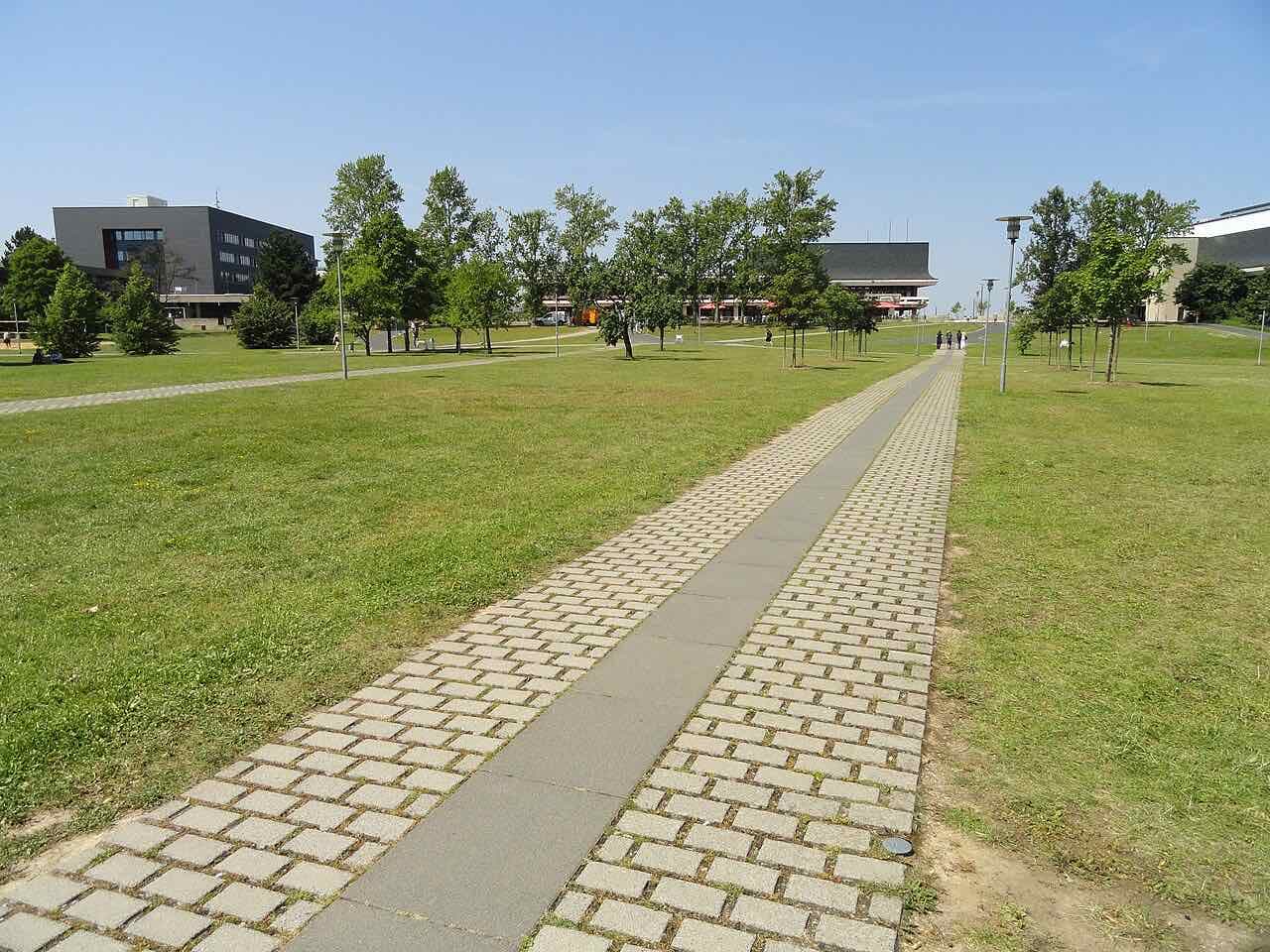 A paved path across the lawns of the Hubland campus with university buildings behind